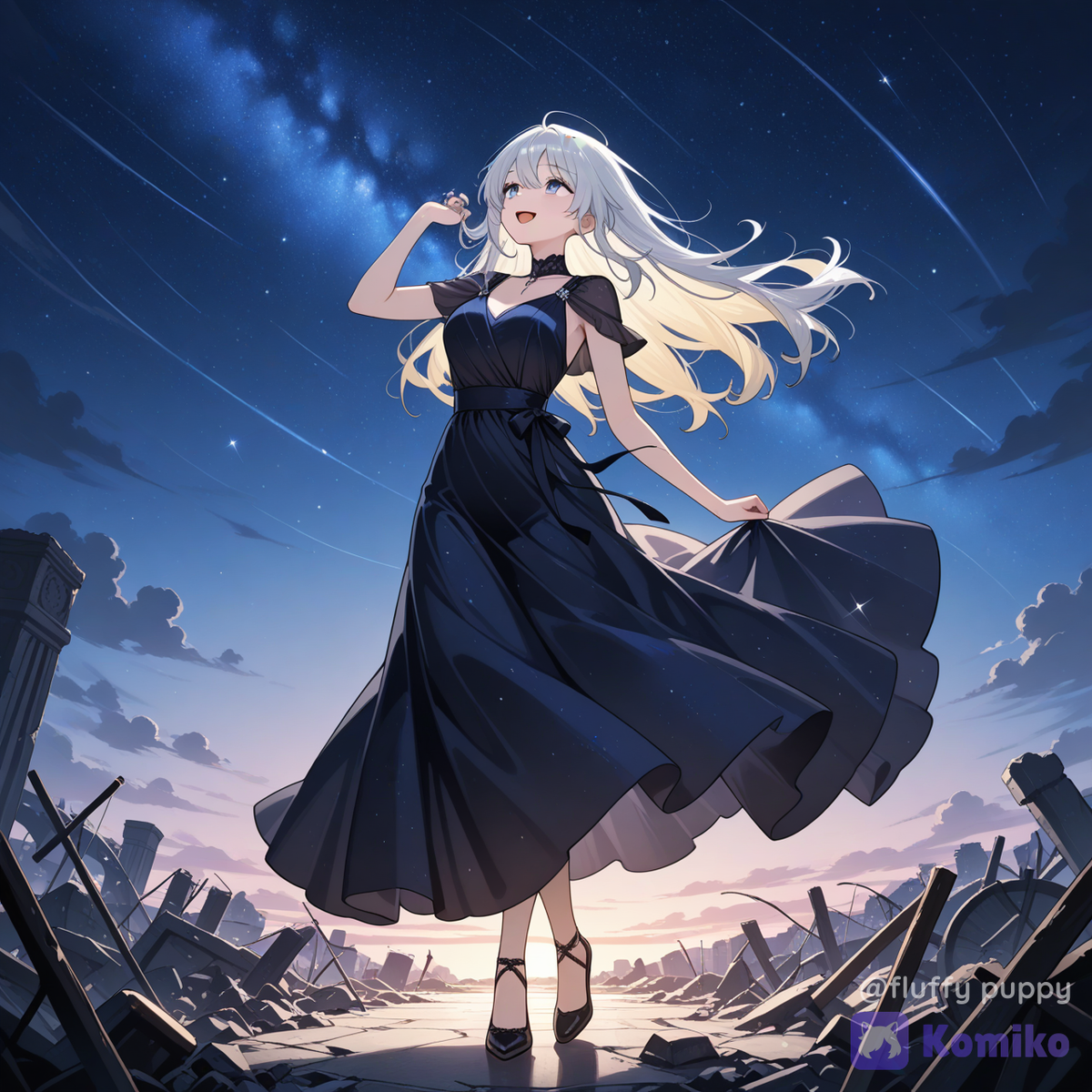 在廢墟中仰望星空的少女