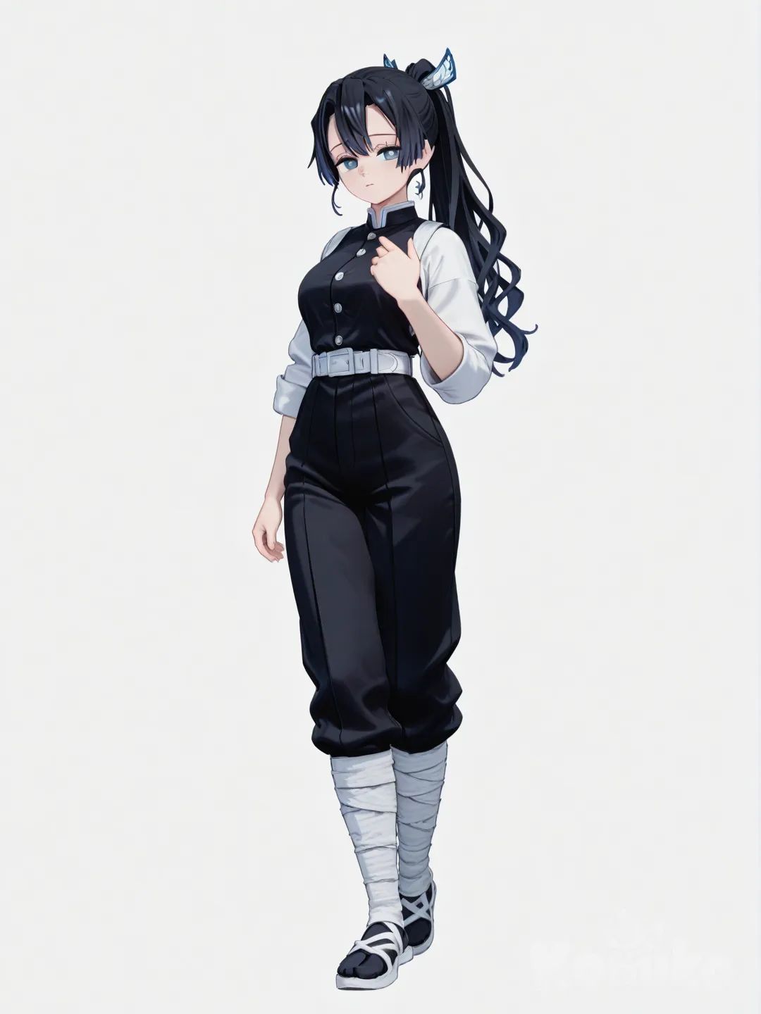 [3d-anime-style] 1girl, mature, slim, black_hair, long_hair, straight_hair, ponytail, blue_eyes, stocky, demon_slayer_style, single character, full body, looking at viewer, simple background, white background