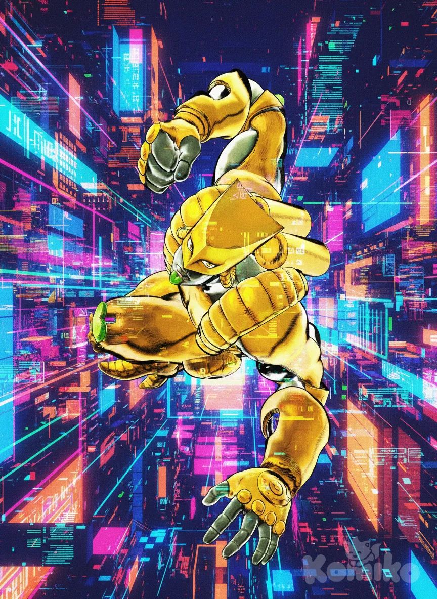 landscape, digital distortion, neon cityscape, surreal atmosphere, vibrant colors, experimental, anime style