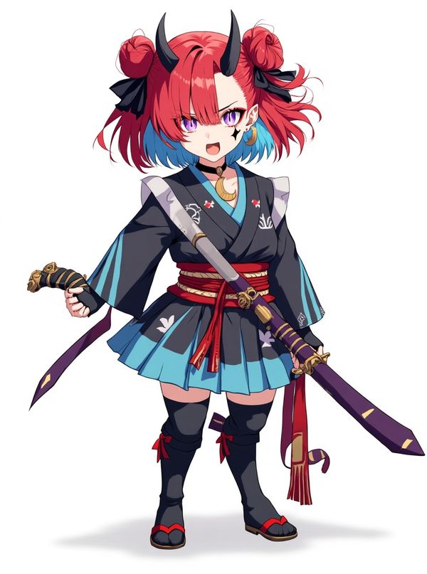 1girl, Skyler Yui Akari, daughter of the demon king, 17-year-old Japanese girl, short red hair, traditional Japanese buns, bold blue streaks, piercing purple eyes, petite frame, powerful, skilled in combat, purple dark sword, unwavering loyalty, protective of twin brother Venjo Yui Akari, single character, full body, looking at viewer, anime style, simple background, white background