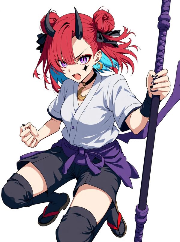 1girl, Skyler Yui Akari, daughter of the demon king, 17-year-old Japanese girl, short red hair, traditional Japanese buns, bold blue streaks, piercing purple eyes, petite frame, powerful, skilled in combat, purple dark sword, unwavering loyalty, protective of twin brother Venjo Yui Akari, single character, full body, looking at viewer, anime style, simple background, white background