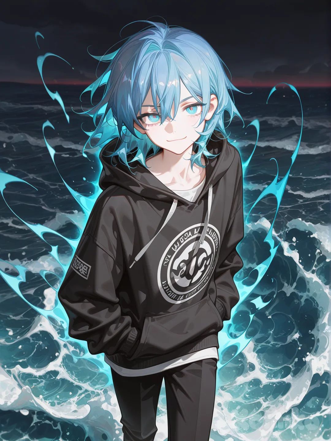 Um garoto adolescente,de cabelo lisos azul e olhos azuis como oceano profundo , ele sorridente, ele usa roupas pretas e branco, um casaco moletom e blusa branca uma aura como ondas de oceano furiosos, ele poderoso, [high-gloss-illustration-style]