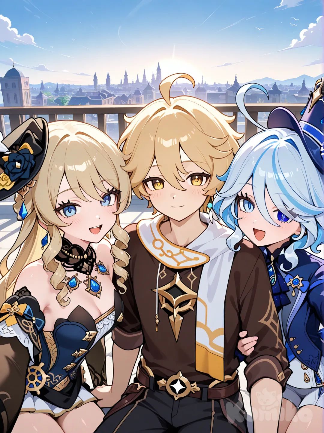 @Aether_(Genshin_Impact), @Navia_(Genshin_Impact), @Furina_(Genshin_Impact), selfie, sitting on the ground, smile, laughing, expressionless, upper body, side light, cityscape, blue sky