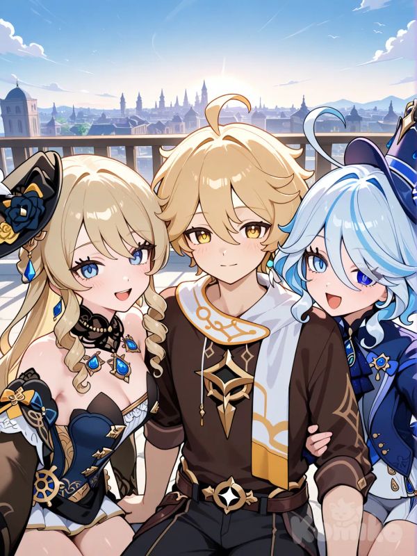 @Aether_(Genshin_Impact), @Navia_(Genshin_Impact), @Furina_(Genshin_Impact), selfie, sitting on the ground, smile, laughing, expressionless, upper body, side light, cityscape, blue sky