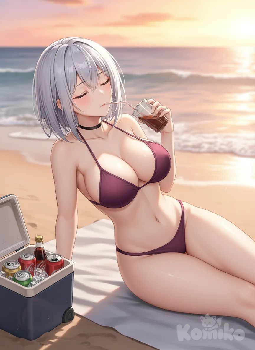 <vera-ravii-Jd1f>, beach, dark rose color little soft bikini , laying down, closed eyes, drinking straw, soda cans beside her in cooler, sunny day, relaxed, anime style, anime style, sunset , anime style