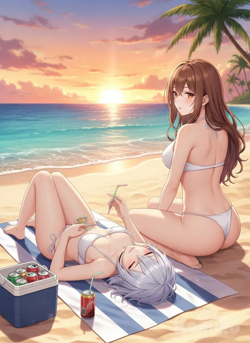 <vera-ravii-Jd1f>, beach, white little soft bikini , laying down, closed eyes, drinking straw, soda cans beside her in cooler, sunny day, relaxed, anime style, anime style, sunset , 2girls, anime style