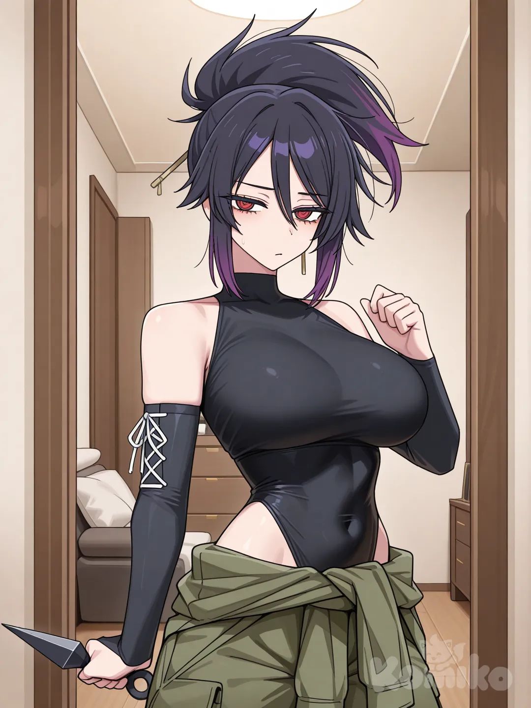 @Akali, red eyes, black highleg leotard, cargo pants, living room, elbow gloves, detached sleeves, shoulder cutout, right hand holding kunai, manga cover, alternate costume, large breasts, cross-laced sleeves, [toon-shaded-style], two-tone hair, black hair, purple hair tips, jacket around waist, tensei shitara slime datta ken