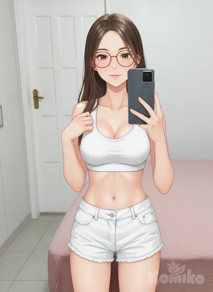 1girl,Small bra, white bra, small breasts, Very short shorts, white shorts , anime style
