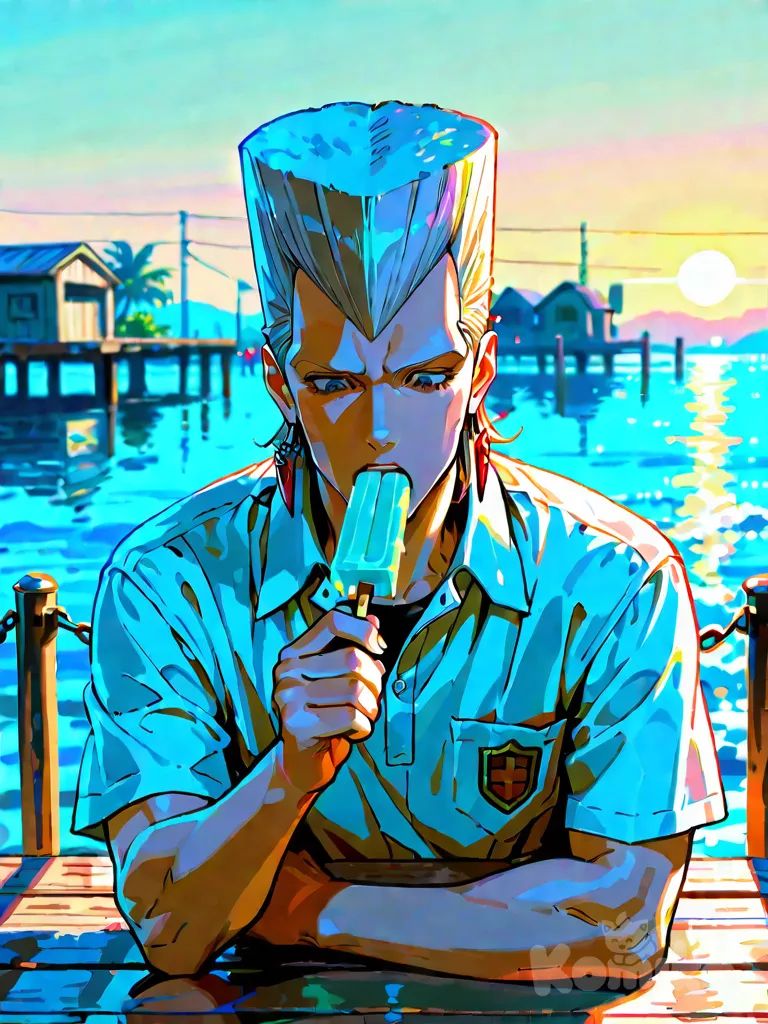 jean re polnareff, vibrant atmosphere, vibrant color, highlight,eating ice cream, summer uniform, weather summer, cinematic lighting, pier, background,1man