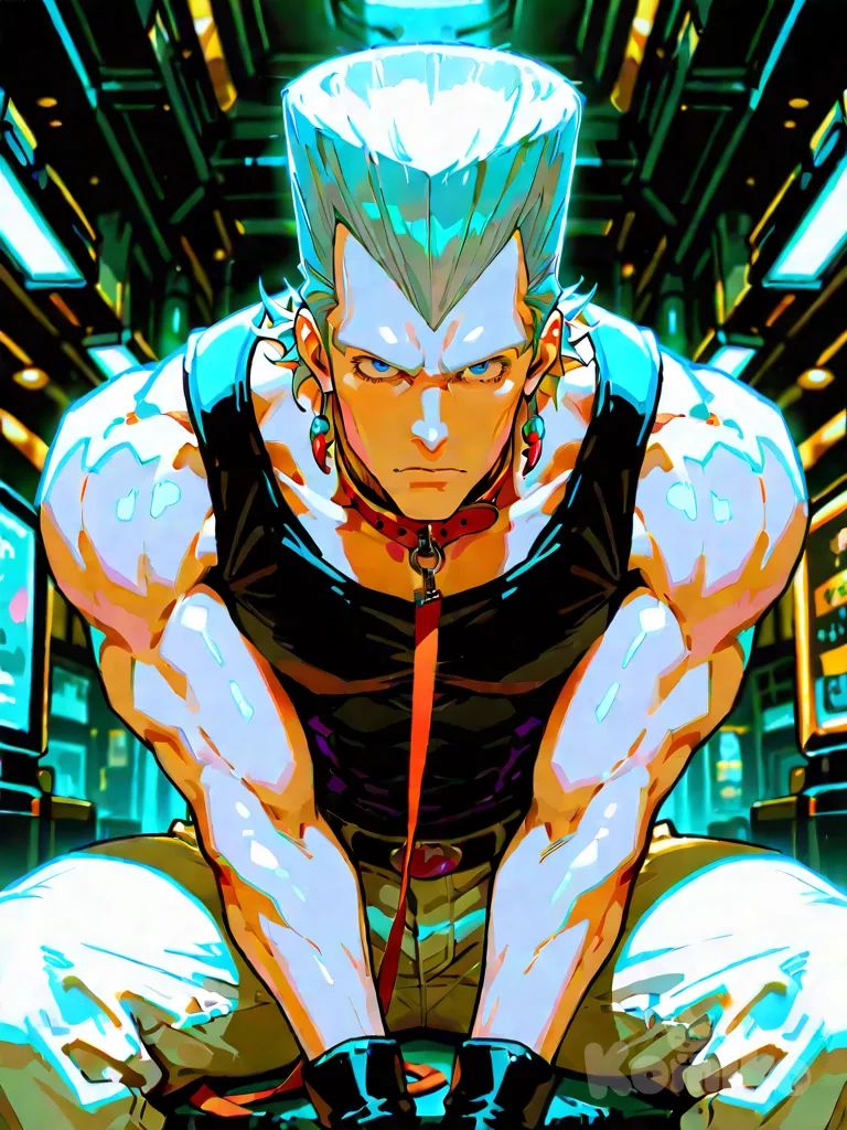 jean pierre polnareff, vibrant atmosphere, vibrant color, highlights, pet play, casual pants, cinematic lighting, background, 1boy, looking at viewer