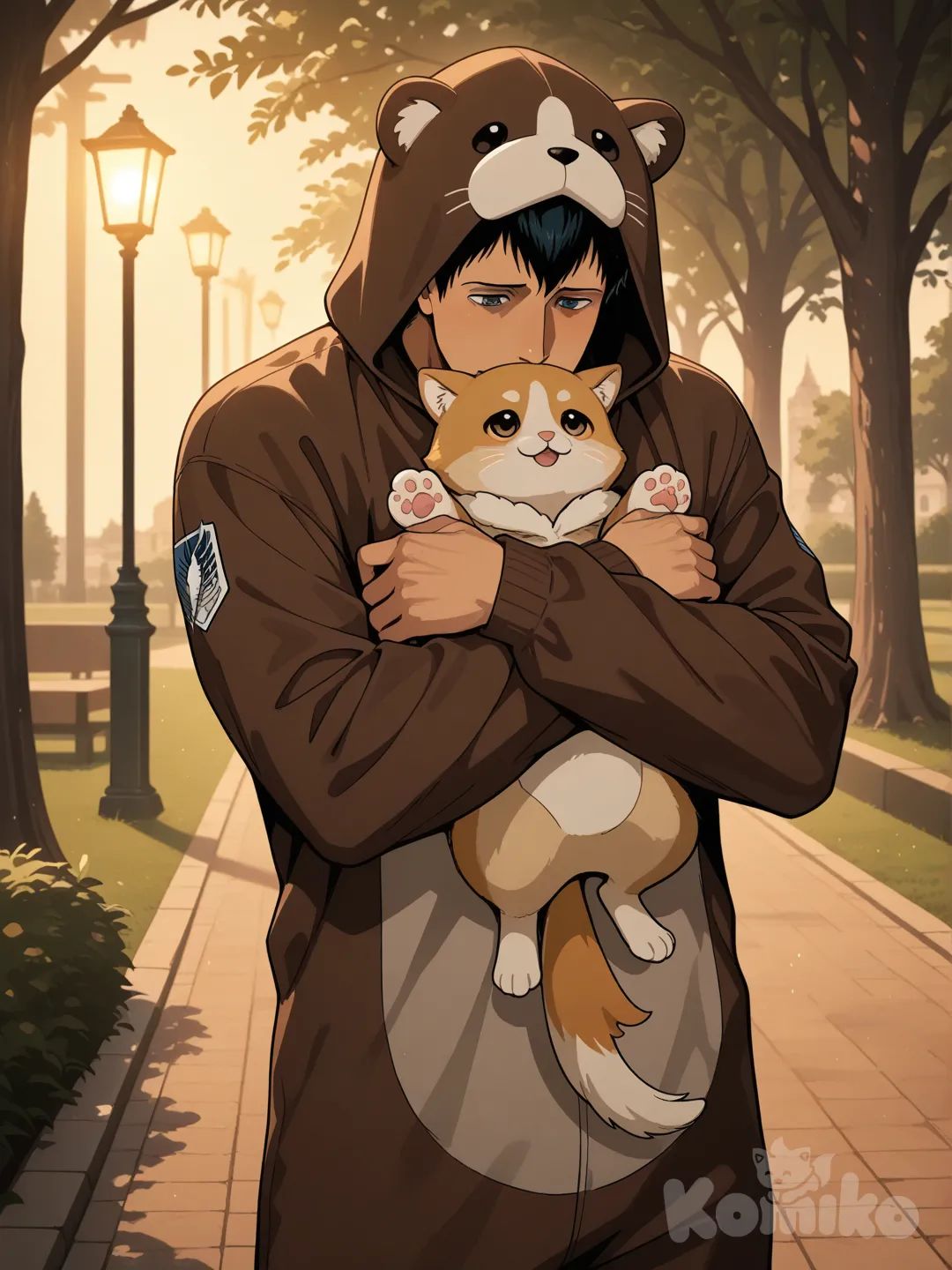 Bertolt Hoover, shingeki no kyojin,[glossy-anime-style],animal hug, animal costume, cinematic lighting, park, 1boy