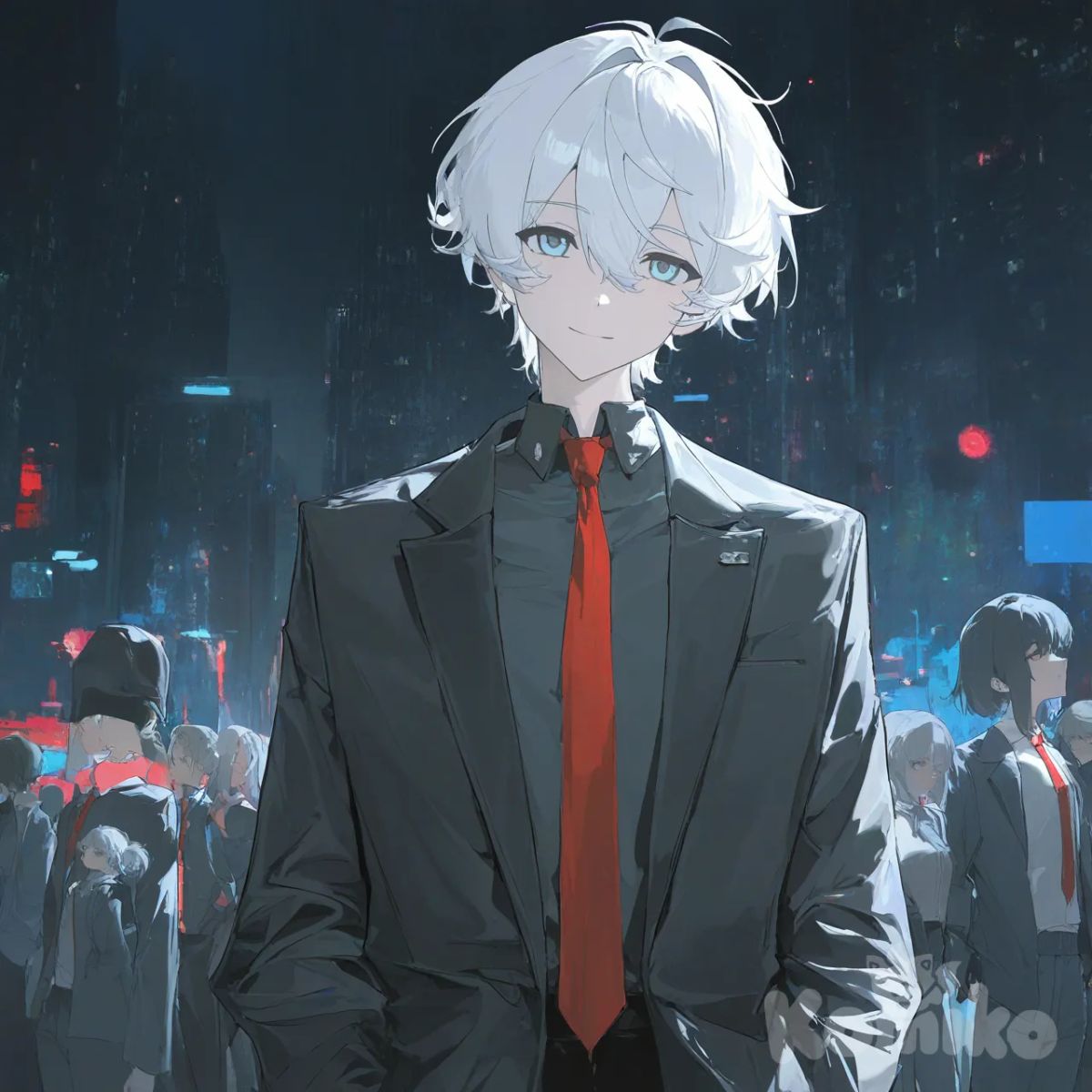 confident, young man, white hair, light blue eyes, wearing black suit, unbuttoned suit, red tie, waist up, dark city background, colorful lights,Comma Hair, urban atmosphere, hands in pockets, anime screencap, lineart, [desaturated-illustration-style] , 1boy, head tilt, smile