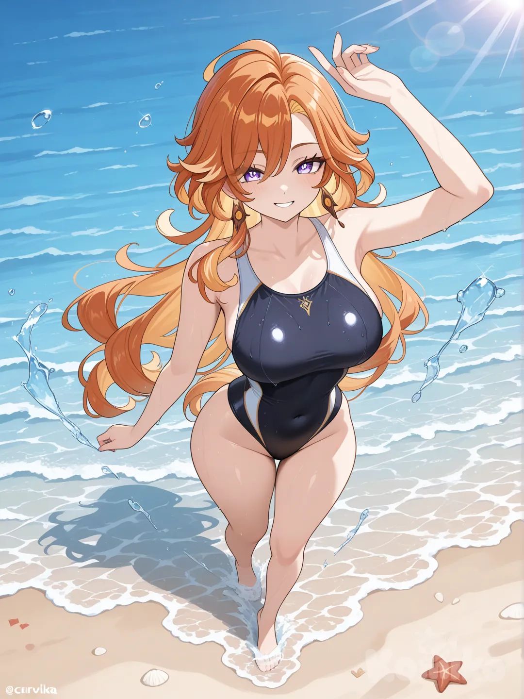 mavuika (Genshin Impact)

#big sister style , good figure , 

#up front view 

 # upper body (Focus on the upper body, from the waist up.)

#looking at viewer #full body#, up view , #full body ,from above , day , funny , relaxed, anime style , 

#cool post

#selfie post

, black swimming suite onepiece

relax , Taking a stroll, play water on a beach , splash , in a sunnyday , in the beach , It has a view of the sea and beach as a backdrop