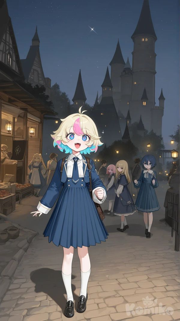 enidS1nclair, small breast, blonde hair, short hair, multicolored hair, blue hair, pink hair, blue eyes, blue blazer, white collared shirt, blue tie, long pleated dress, blue dress, white knee socks, block loafers, fangs

medieval town, vendors, castle, tower, lanterns, night, moonlight, stars in skies, gothic setting