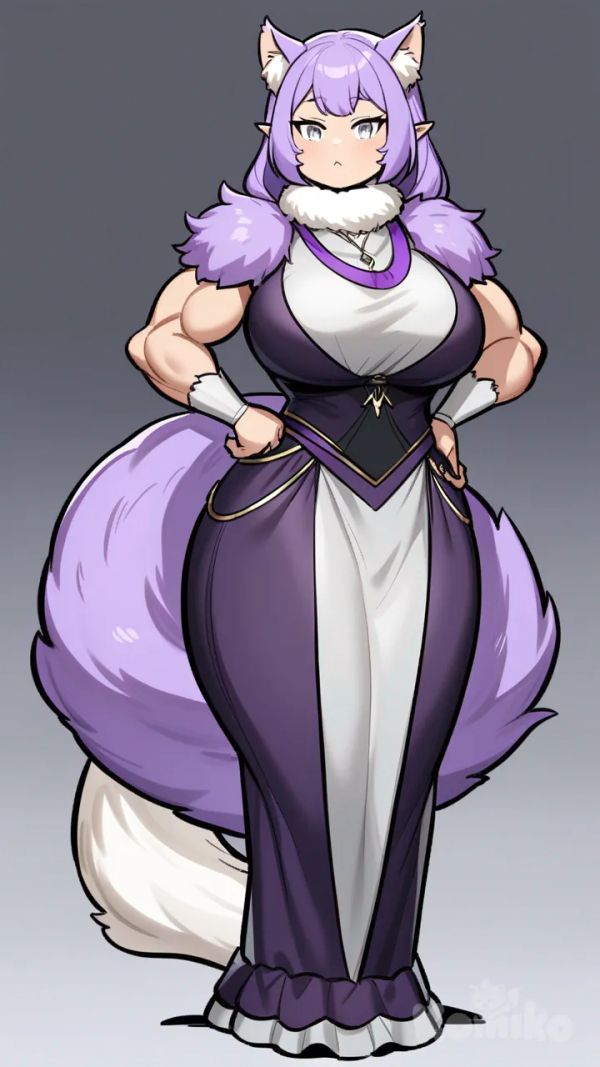 This bubbly catgirl has narrow, gray eyes. She has neck-length, fine, straight, purple hair worn in an elegant style. Her fur is purple with white stripes on her face. She has a muscular figure. Her ears are alert and wide-set, and her tail is short, thick and carried with a curve. Her fashion preferences are best described as "goth." Social events are among her favorite things.
house, bedroom, gaming laptops, day, fancy decor