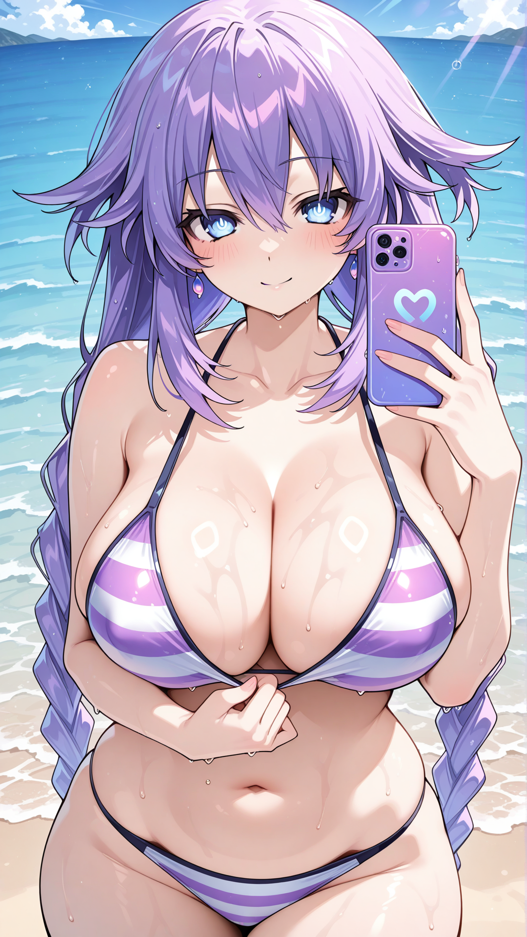 Purple Heart from Neptunia strikes a seductive pose on a sun-drenched beach, her wet striped bikini clinging tightly to her voluptuous figure, accentuating her plump hips, perfect curves, and mature female form that radiates irresistible desire with subtly covered nipples, as she smiles attractively in a stunning selfie-style portrait, droplets of water glistening sensually on her smooth skin under the bright tropical sunlight.