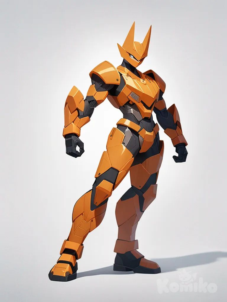 Pokémon, original, tipo ferro, tipo lutador, inspirado em guerreiros de cobre, cor laranja, corpo baixo, corpo forte, estilo anime, single character, full body, looking at viewer, anime style, simple background, white background