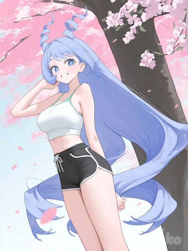 [vibrant-anime-style] , @Hadou_Nejire, Kirschblütenbäume, kurze sommerliche Klamotten, breites Lächeln