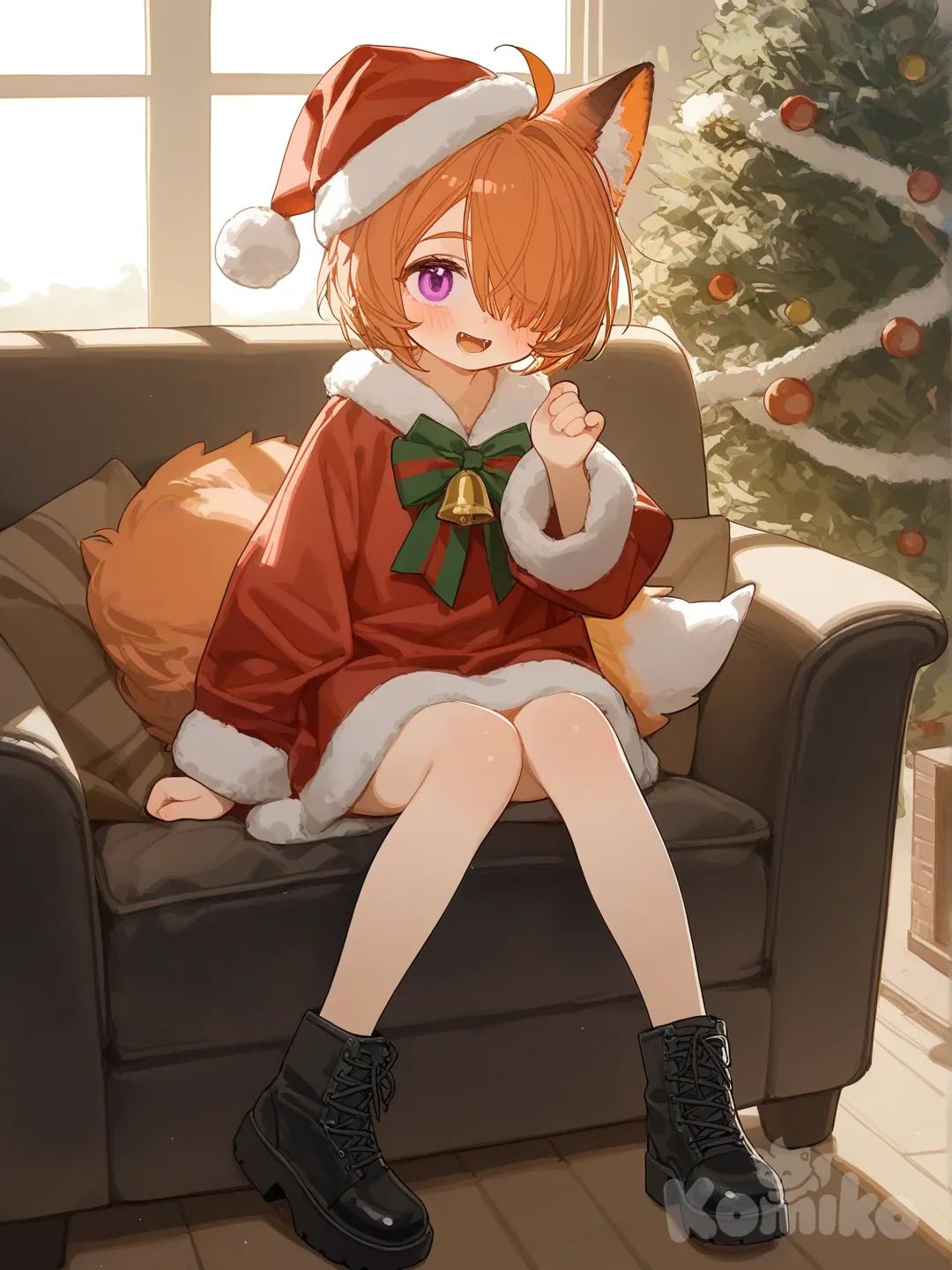 3d, [lacquered-illustration-style], @Komiko_Chan,Christmas outfit, Christmas tree, fireplace, sitting on couch, blushing, smile, warms smile, kind smile, soft smile