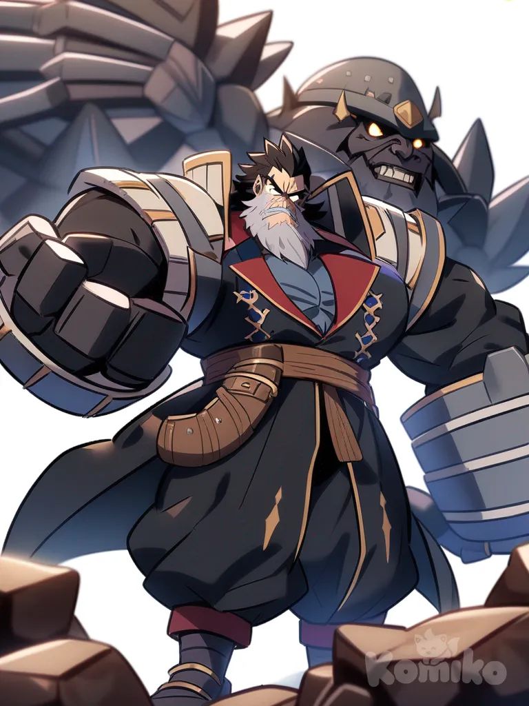 1boy, Rocks D. Xebec, towering build, muscular, imposing presence, wild black hair, shoulder-length hair, messy beard, intimidating look, piercing eyes, insane gaze, ambitious, long captain coat, pirate attire, fearsome leader, charismatic, single character, full body, looking at viewer, anime style, simple background, white background
