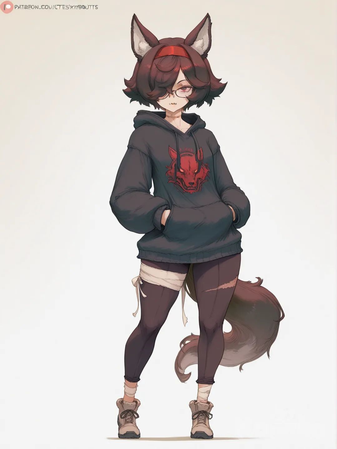 glasses, hair over one eye, scar, hairband red , full body, bandages, wolf girl, cutesexyrobutts, red eyes, brown hair, short hair, hoodie