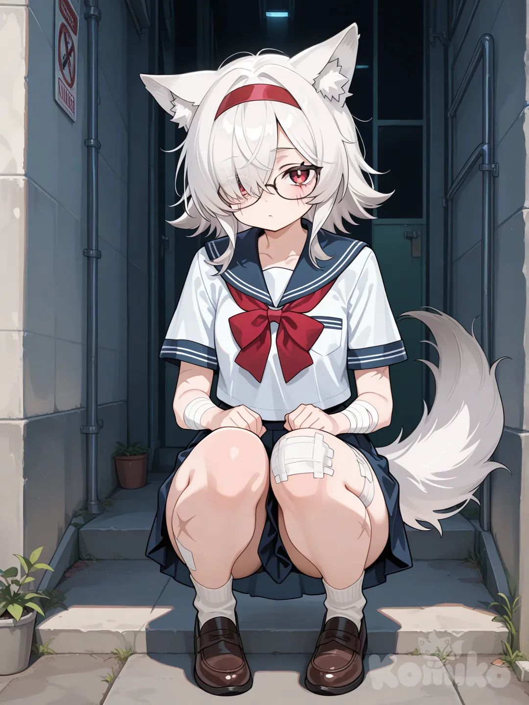 glasses, hair over one eye, scar, hairband red , full body, bandages, wolf, school uniform, 1girl, cutesexyrobutts, red eyes, white hair