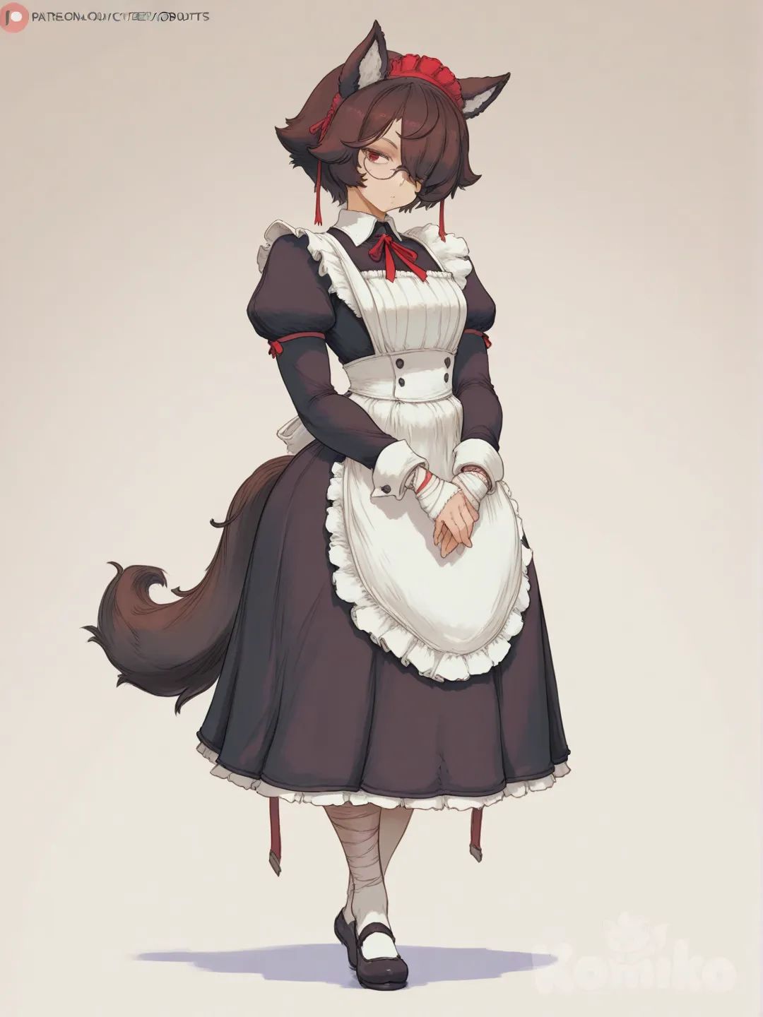 glasses, hair over one eye, scar, hairband red , full body, bandages, wolf girl, cutesexyrobutts, red eyes, brown hair, short hair, maid