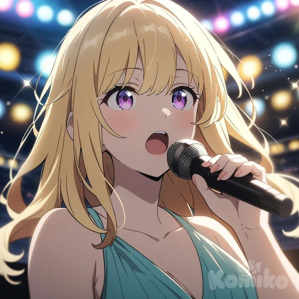 1girl, anime coloring, singing, blonde hair , evening dress, sparkle, light, stage