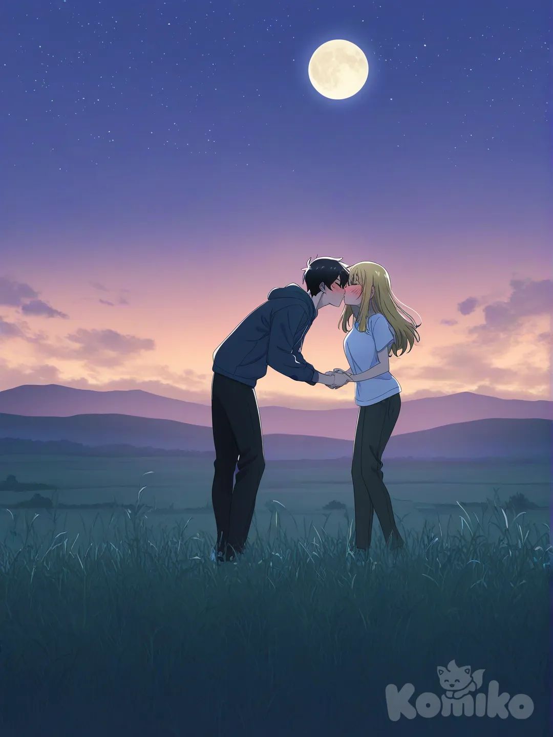 1boy, 1girl, 2people, [bright-anime-style], kissing (make it extra romantic), blush, t-shirt, hoodie, casual pants, girl has blonde hair, boy has black hair, full body, night, twilight, out side at a satisfying landscape