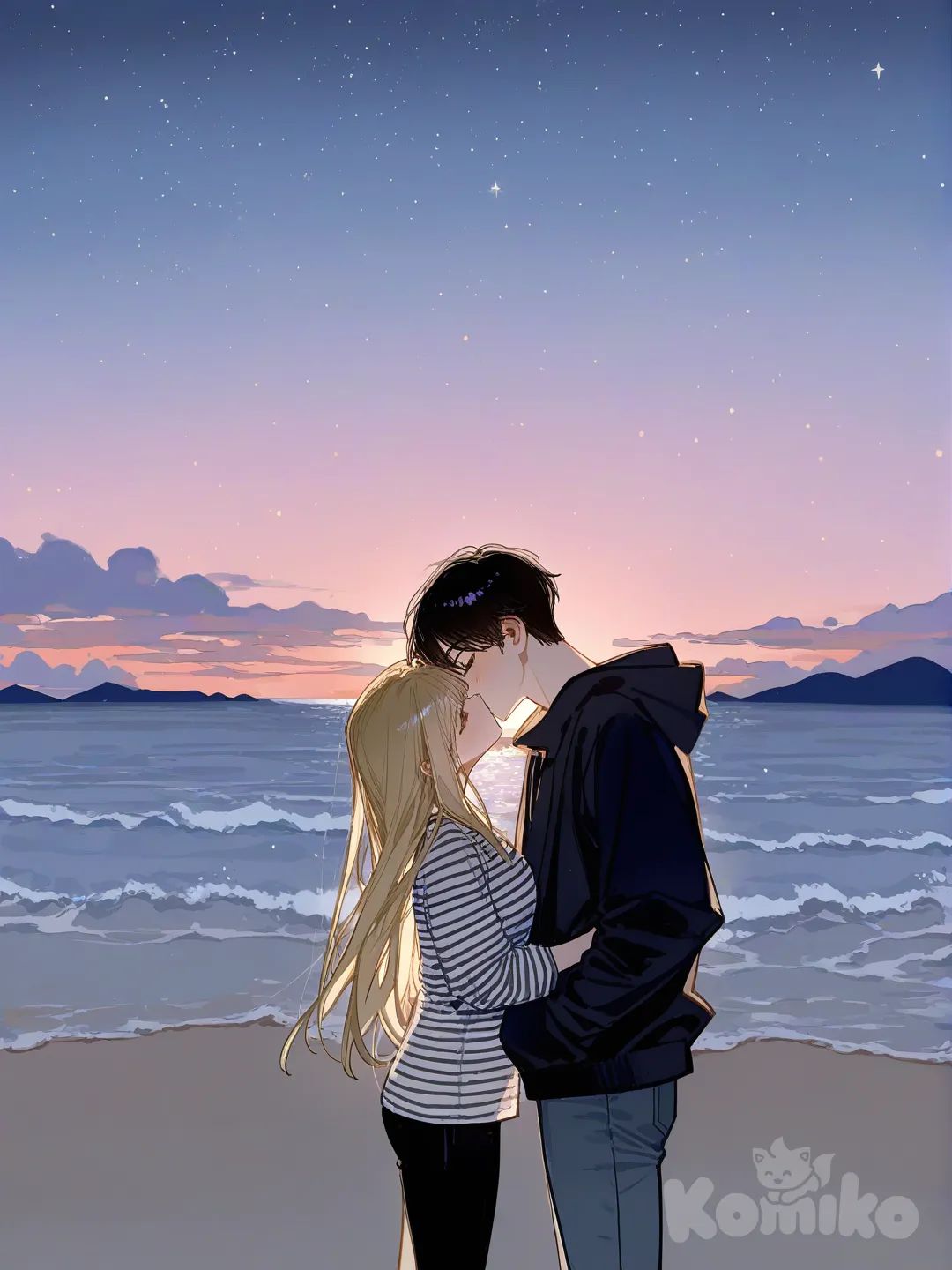 1boy, 1girl, 2people, [lacquered-illustration-style], boy kissing girls neck, striped shirt, hoodie, casual pants, blonde hair, black hair, closeup, sparkly background, night, twilight, beach
