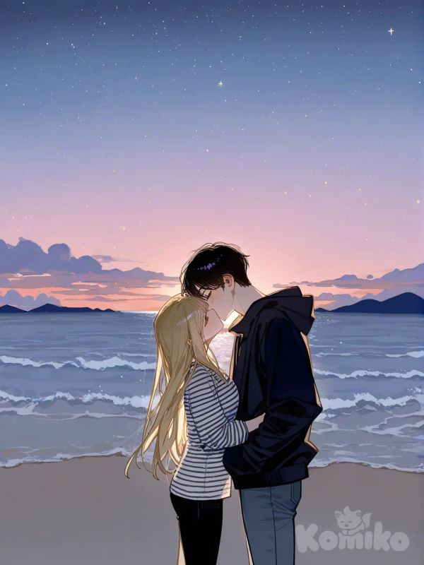 1boy, 1girl, 2people, [lacquered-illustration-style], boy kissing girls neck, striped shirt, hoodie, casual pants, blonde hair, black hair, closeup, sparkly background, night, twilight, beach