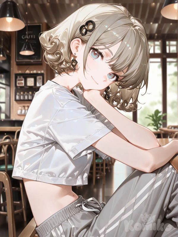 1girl, [high-gloss-illustration-style], smile, head tilt, crop top, sweat pants, hair accessory, earrings, tucked in as it looks like short curvy hair, blurred background, rim light, cafe, closeup