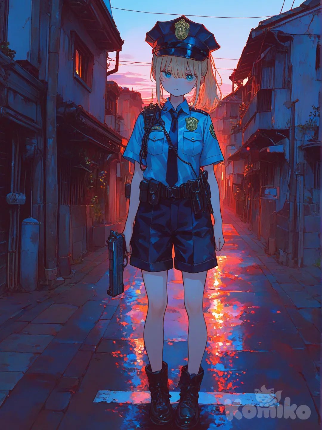 1girl, [sweet-painting-style], holding gun, frown, cop outfit, cop hat, blonde hair, high ponytail, full body, looking at viewer, night, twilight, village
