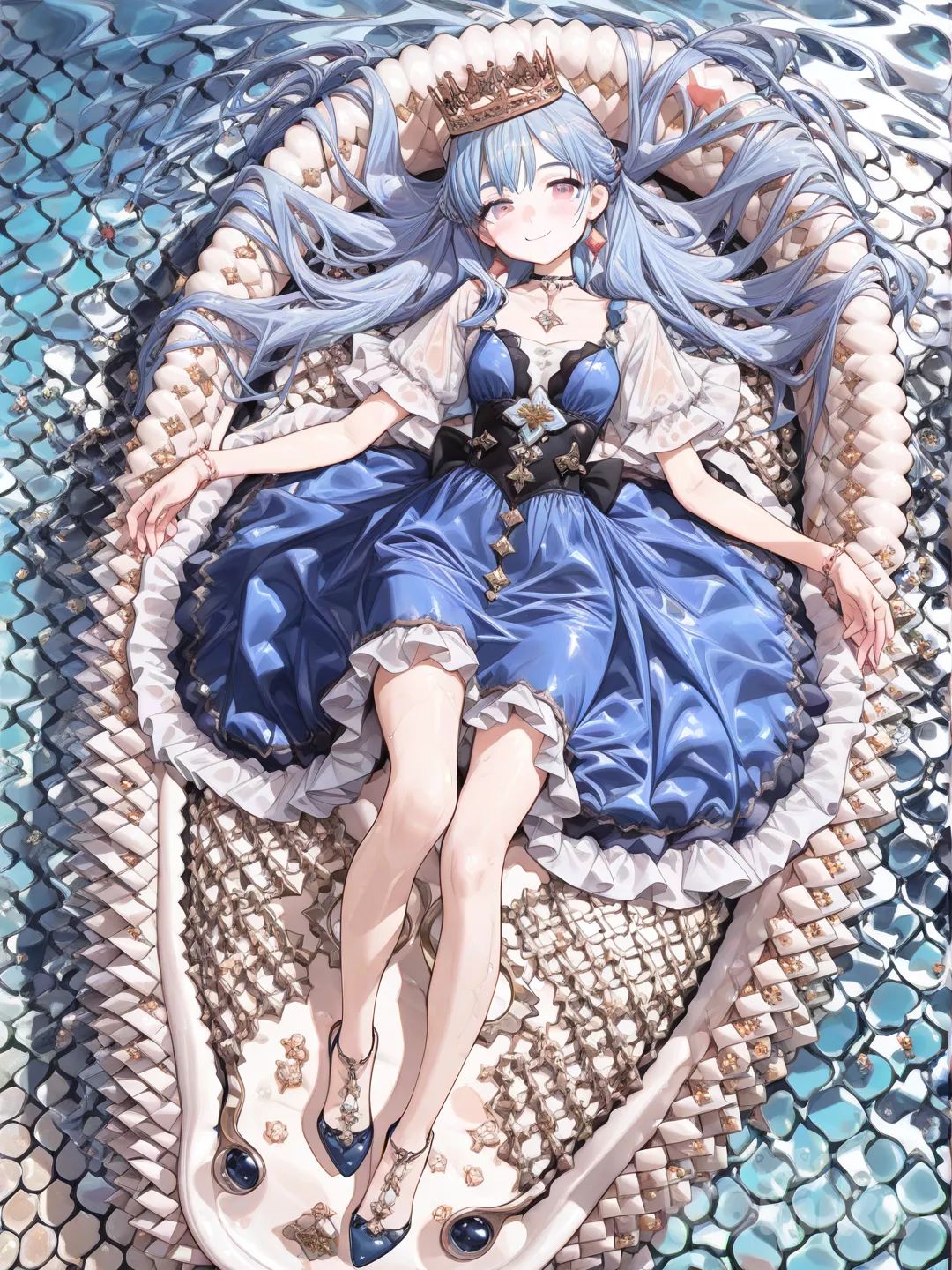 1girl, [high-gloss-illustration-style], looking at viewer, proud, slit water dress with riffles, water theme crown, blue hair, full body, rim light, on her back in the water floating