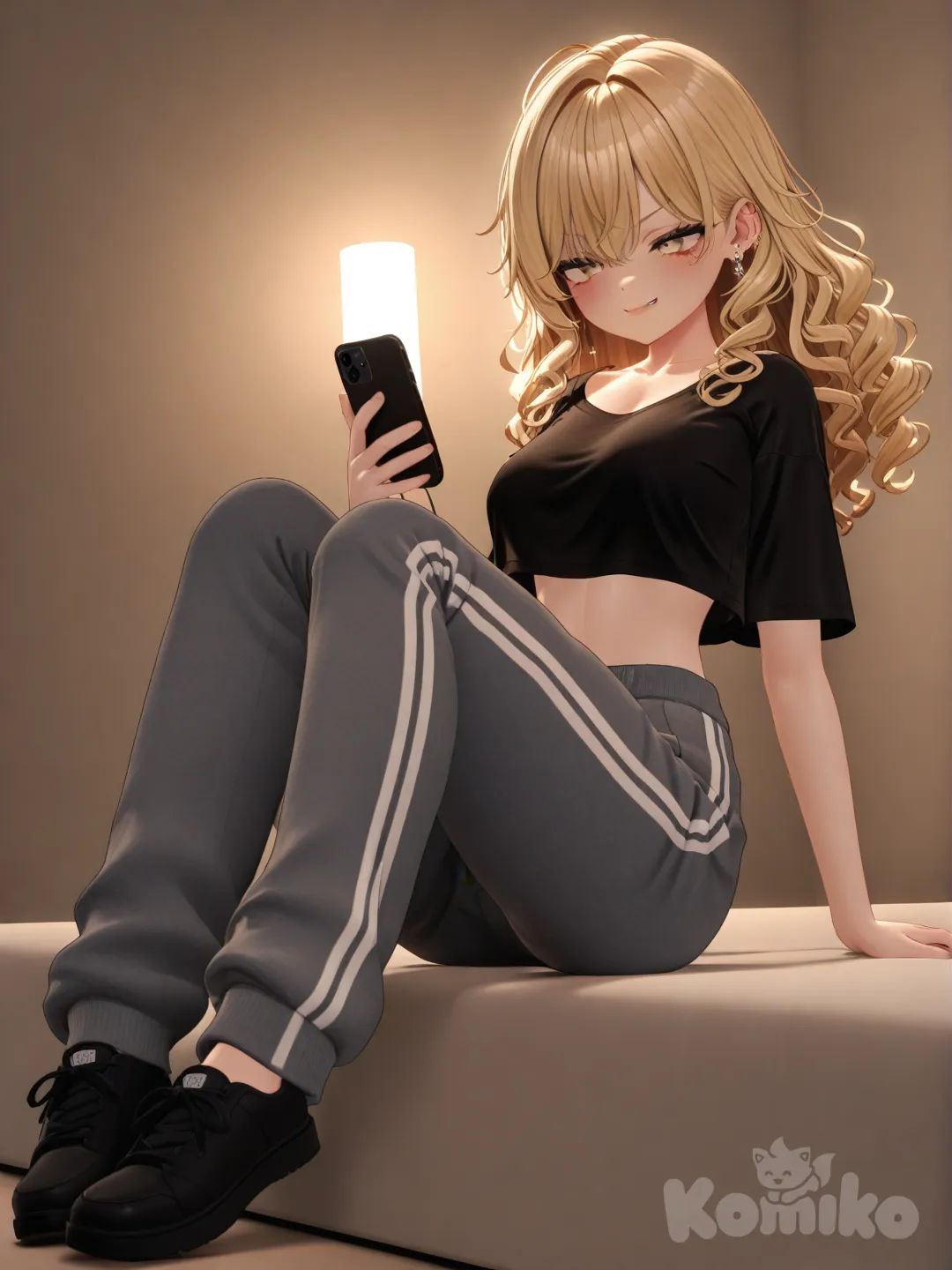 1girl, [3d-anime-style], looking at phone, smirk, crop top, sweat pants, blonde hair, spiral curls, full body, headshot, top light, pier