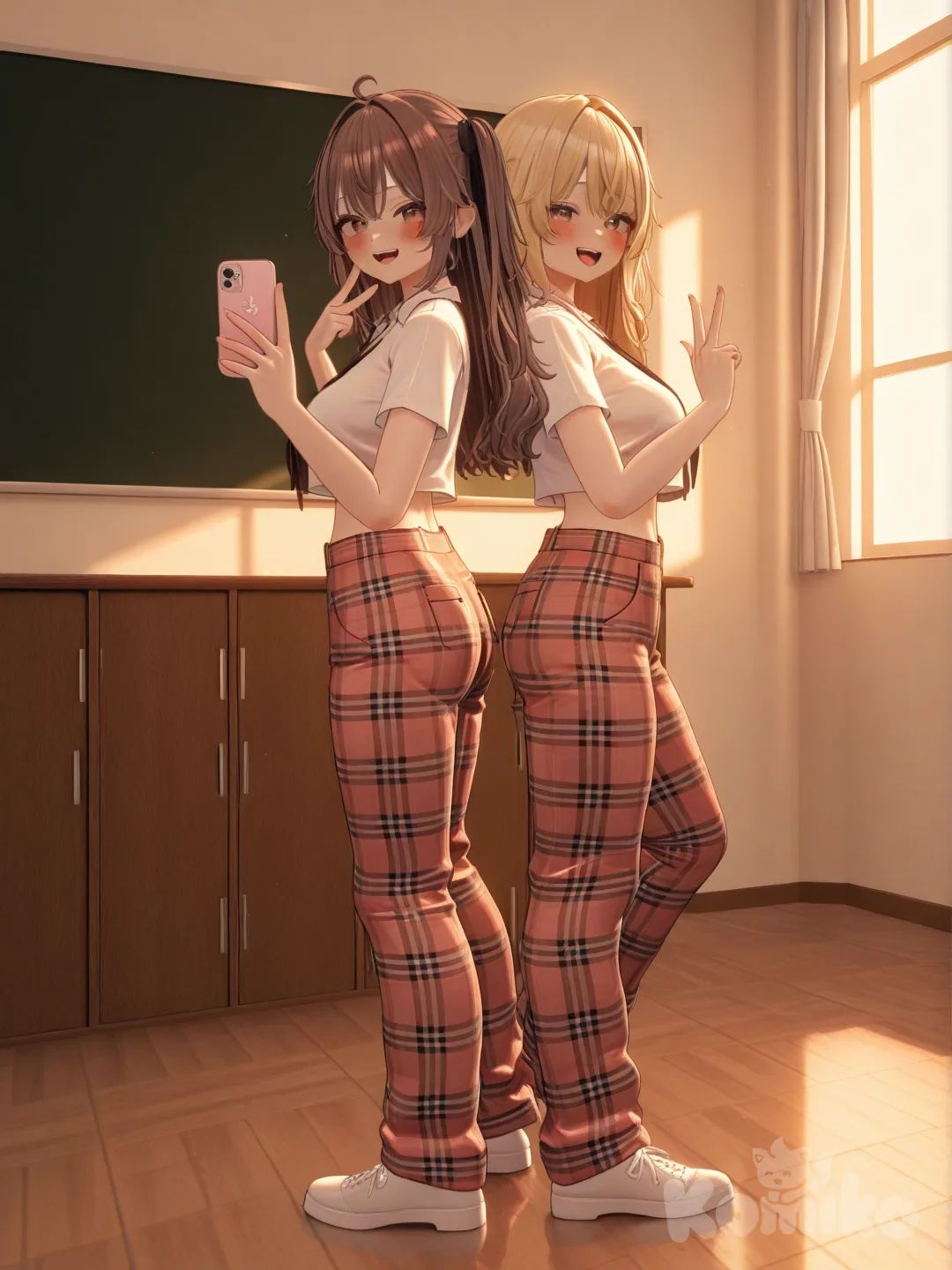 2girls, [3d-anime-style], selfie, v sign, laughing, blush, back to back, crop top, plaid pajama pants, blonde hair, brown hair, full body, closeup, rim light, classroom