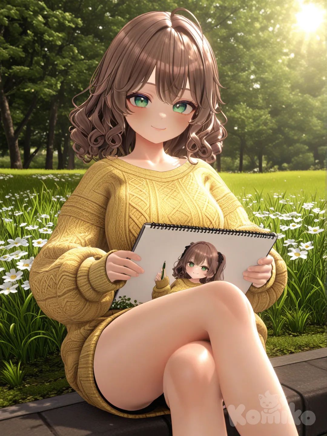 [3d-anime-style]One girl with emerald green eyes, curly brown hair, wearing a cozy yellow sweater, sketching in a sunlit meadow.