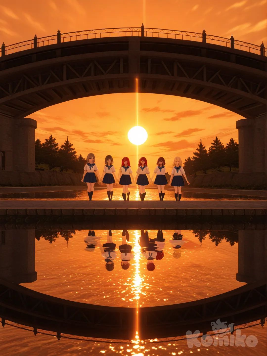 [3d-anime-style]Three girls: green-eyed redhead, brown-eyed brunette, blue-eyed blonde—wearing school uniforms, walking together across a bridge at sunset..