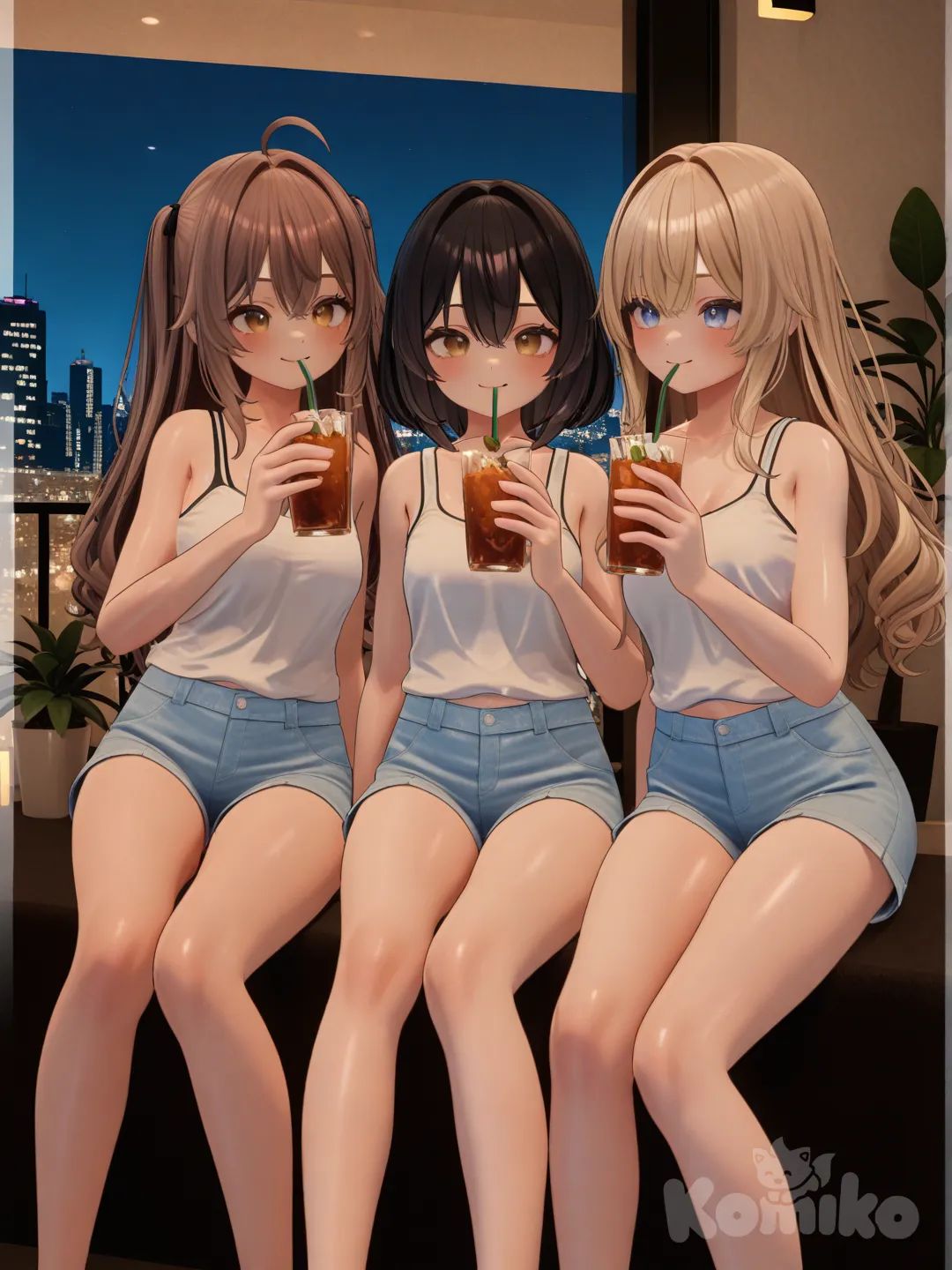 [3d-anime-style]Three girls drinking iced tea on a balcony

Clothing: light summer wear

Scene: city balcony with plants

Hair: raven black, soft brown, ash blonde

Eyes: amber, olive, pastel blue