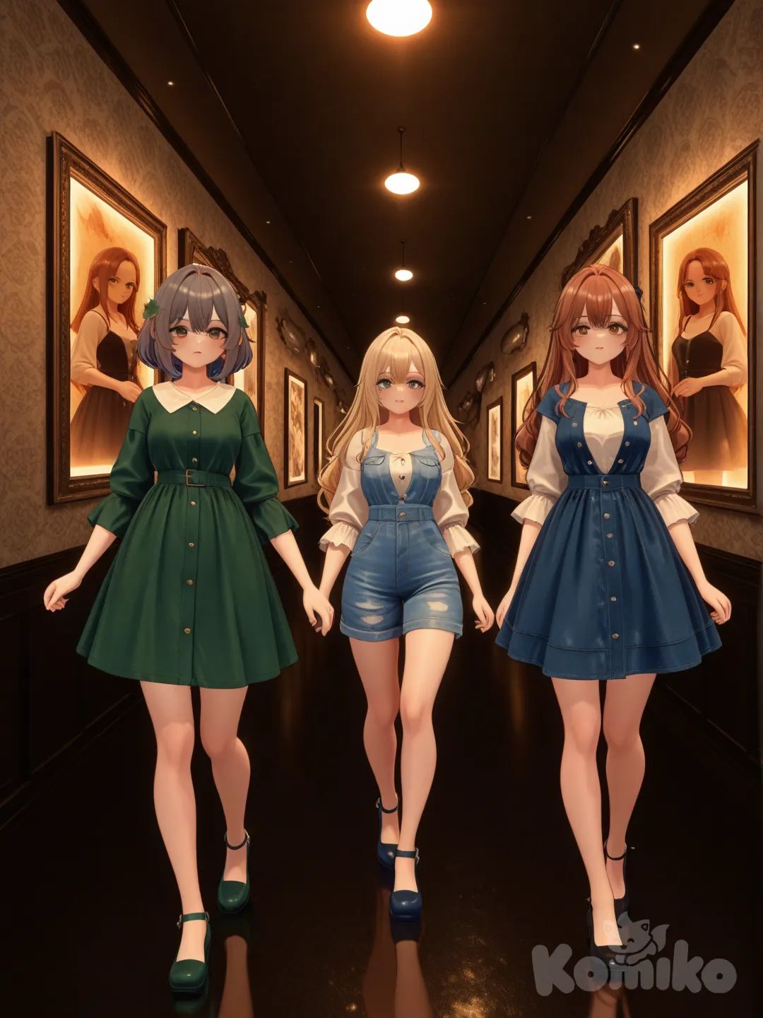 [3d-anime-style]Three girls walking through an art museum

Clothing: artsy vintage outfits

Scene: gallery hallway

Hair: blue-black, golden blonde, russet red

Eyes: pearl gray, ivy green, honey brown