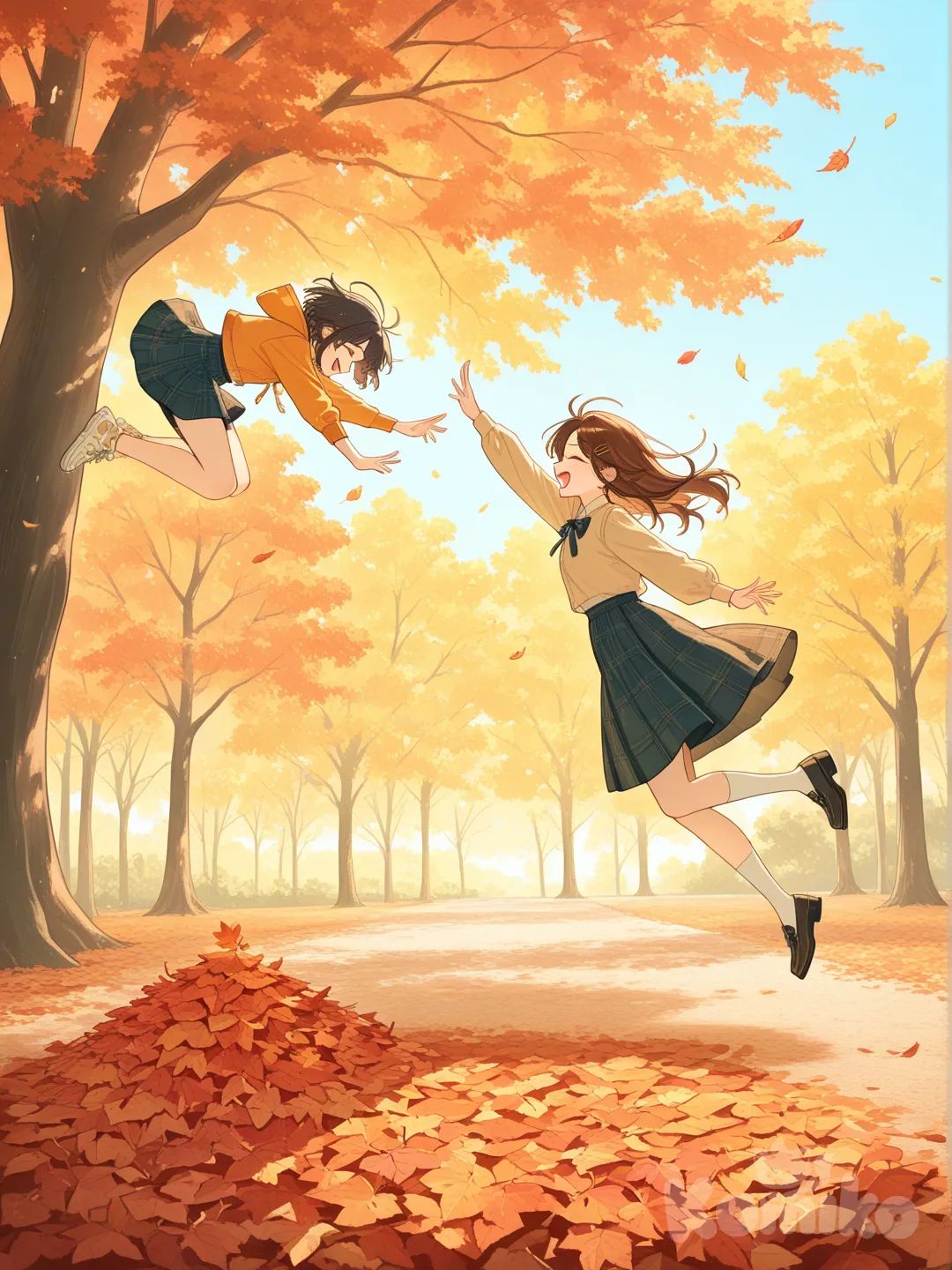 Two girls jumping into a big pile of fall leaves, laughing.