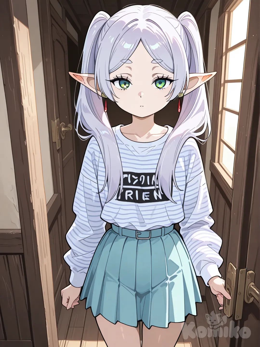 @Frieren, striped shirt, pleated skirt