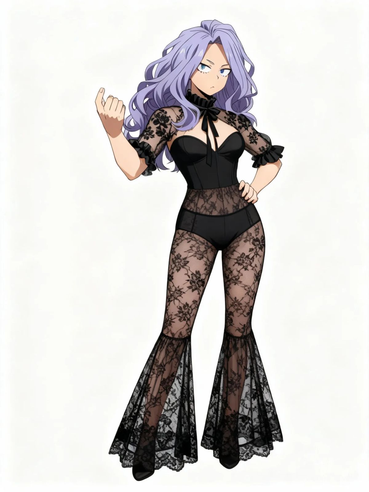 @xaela-yYqS, wearin an opaque, fitted bodice with a sweetheart or bustier-style neckline and underwire or structured cup. The shoulders, upper chest, and high neck are made of sheer, intricate black floral lace. It has a high, ruffled mock neck (or ruffled collar). The neck features a keyhole cutout below the neck that is secured by a tie-up bow detail. The sleeves are short, puffy, or gathered (puff sleeves), ending in a ruffled cuff. The bottom piece is a pair of high-waisted, sheer lace pants with a flared cut. They are fitted through the hips and thighs, then dramatically flare out from the knee down into a bell-bottom or bootcut silhouette. Given the sheer nature, they are designed to be worn over opaque shorts or underwear.