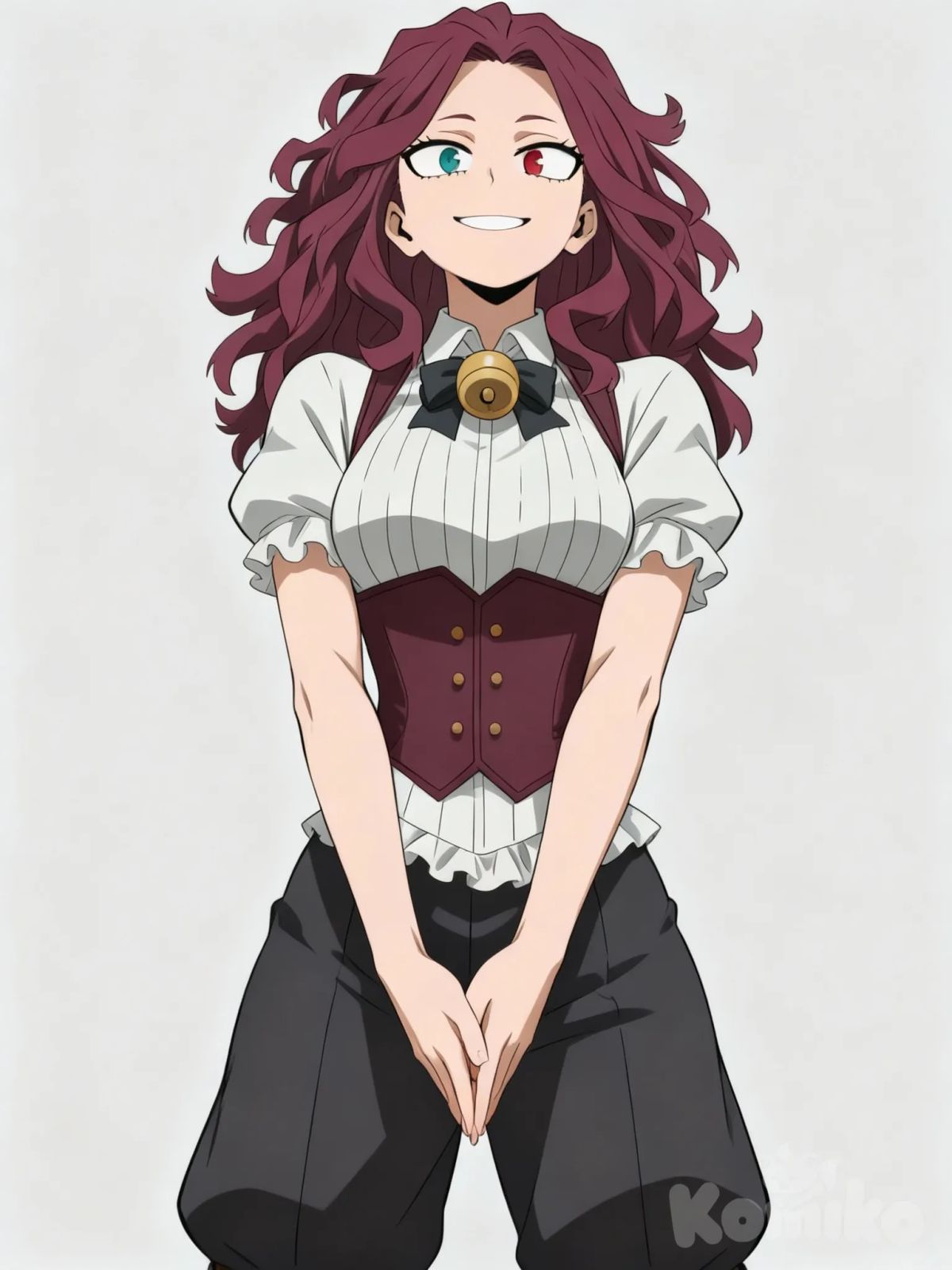 @rika-knight-h2nw, looking at viewer smiling, portrait, upper body, she is standing straight and symmetrical in a head-on view. The torso and waist show a slight hourglass curve, but the spine is generally straight, indicating a relaxed, upright posture. Both arms are bent backwards at the elbow.The hands are either clasped, resting just below the waistline.The head is facing directly forward, making eye contact.