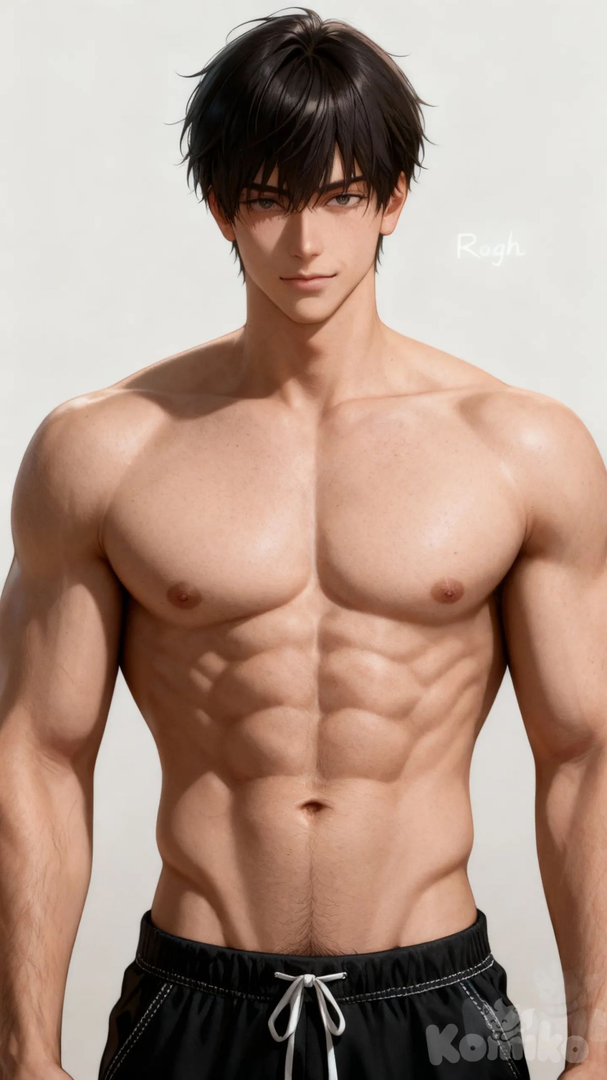 1001000510. Um homem jovem de aparência atlética e musculosa, está de frente, sem camisa, exibindo um corpo extremamente definido e simétrico. Sua pele tem um leve brilho que destaca o volume dos músculos — peitorais largos, abdômen trincado com seis gomos bem marcados e braços fortes e vascularizados. Ele veste apenas um short esportivo preto com cordão branco, ligeiramente frouxo na cintura. Seu rosto tem traços harmoniosos e sérios: olhos escuros e intensos, sobrancelhas retas e marcadas, nariz bem definido e lábios firmes, transmitindo uma expressão confiante e determinada. Cabelo, liso e escuro, levemente despenteado, caindo sobre a testa. O fundo é neutro, em tom claro e liso, realçando o personagem como foco principal.

Make the image ultra-photorealistic with authentic lighting, natural skin texture, and zero AI artifacts. Add realistic pores, micro-shadows, subtle imperfections, natural reflections in the eyes, fine baby hairs, and hair strands. Ensure fabric textures look real with accurate stitching, folds, and natural weight. Adjust lighting to behave like a real camera: correct shadows, proper depth, highlights, and color balance. Add slight atmospheric imperfections such as soft noise or grain similar to high-end DSLR cameras. Improve depth of field, realistic focus falloff, and lens behavior. Remove any plastic skin, blurry edges, warped details, or unnatural smoothing. Make proportions and anatomy realistic. Add subtle asymmetry to facial features. Final result must look like a true high-resolution photograph taken by a professional camera, impossible to identify as AI.