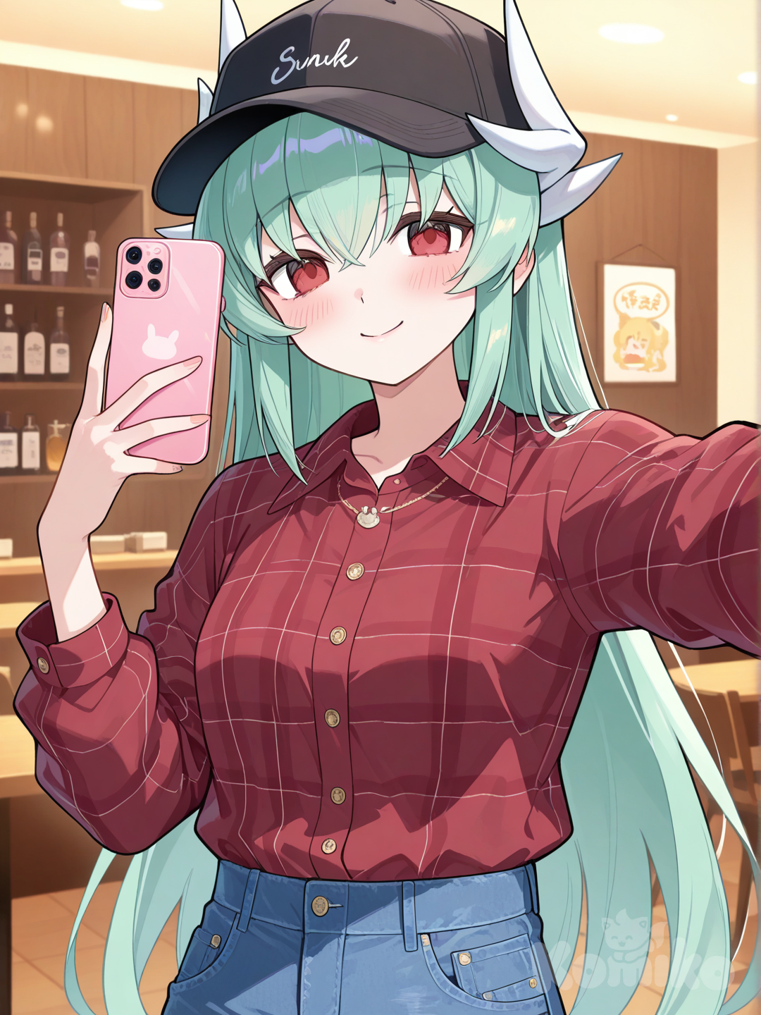 kiyohime (fate), soft flannel shirt,worn jeans ,Kareshi no fukusō ,Cap ,She opened the camera app, snapping a selfie of herself with the restaurant in the background, a memento of this moment, of the start of their new life 