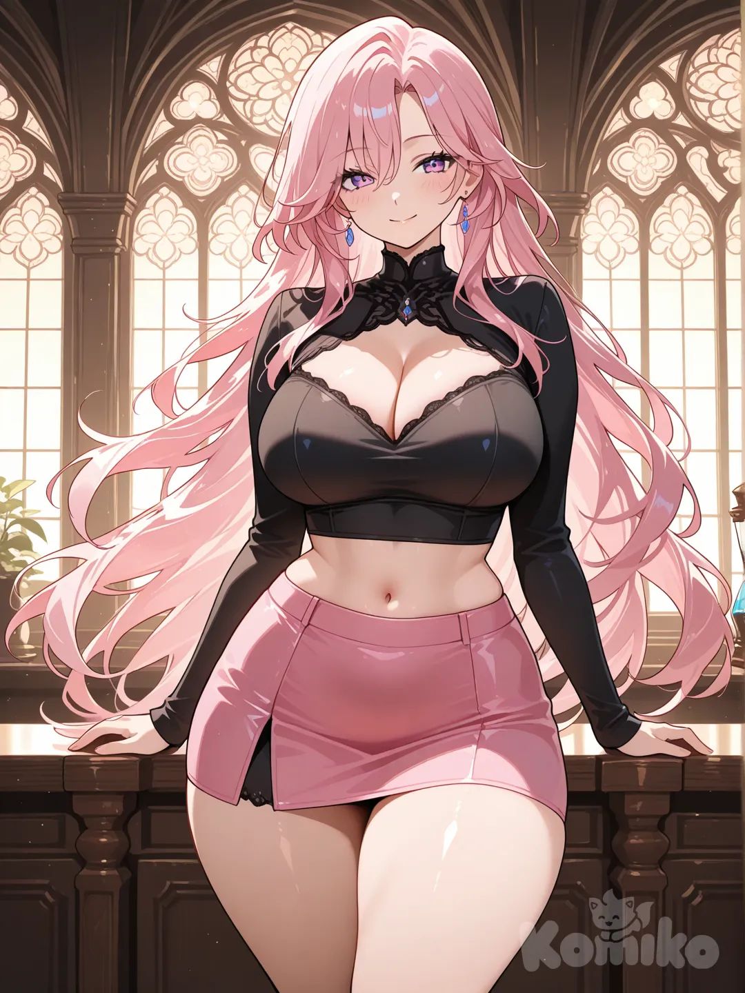 “Elegant anime woman with a curvy silhouette, big breasts and ass, long flowing hair, confident smile, black croptop and pint mini skirt, soft lighting, cinematic shading, fantasy-inspired background, vibrant anime aesthetic.