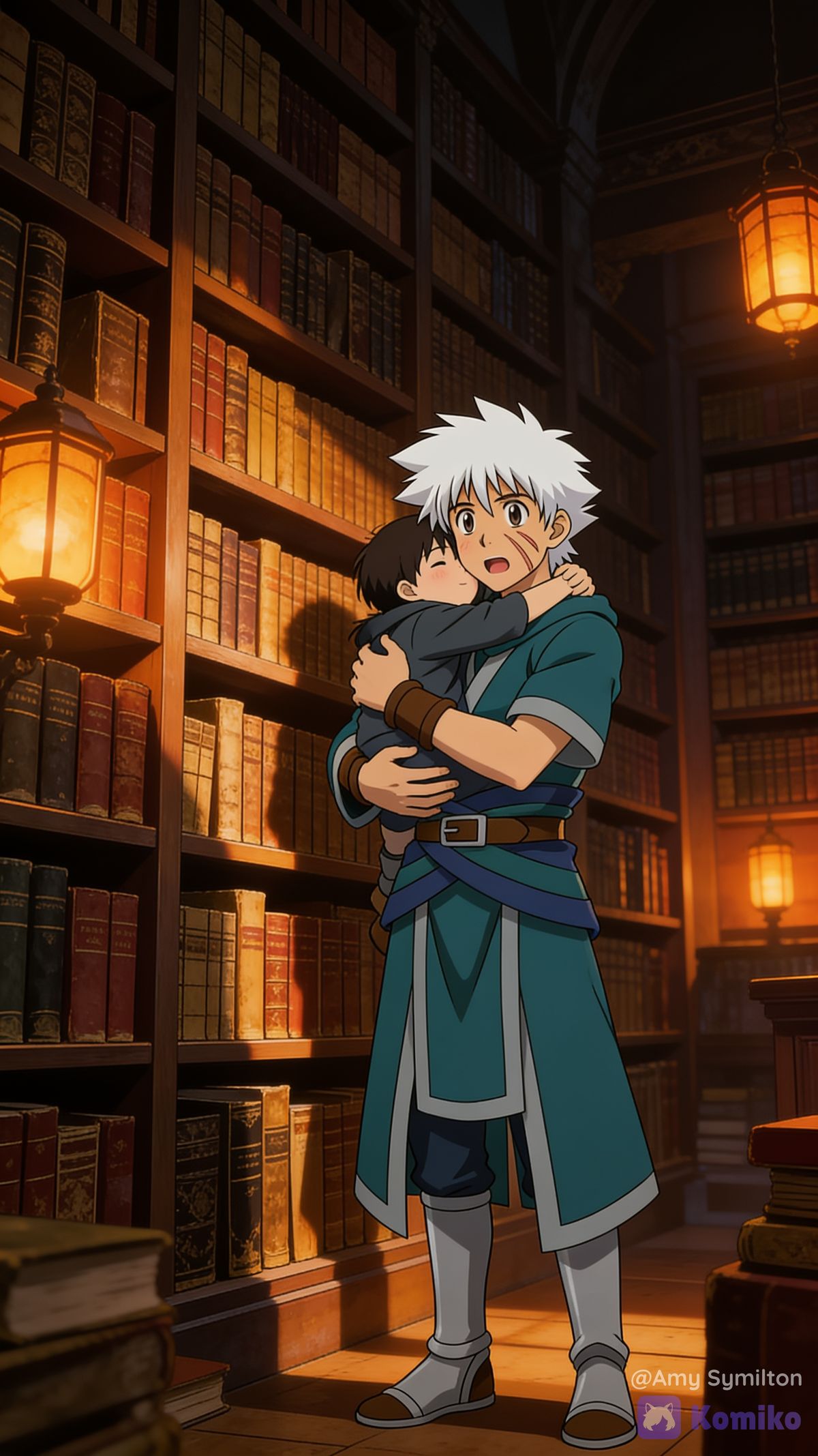 Alster in the library, holding the boy who looked up to him