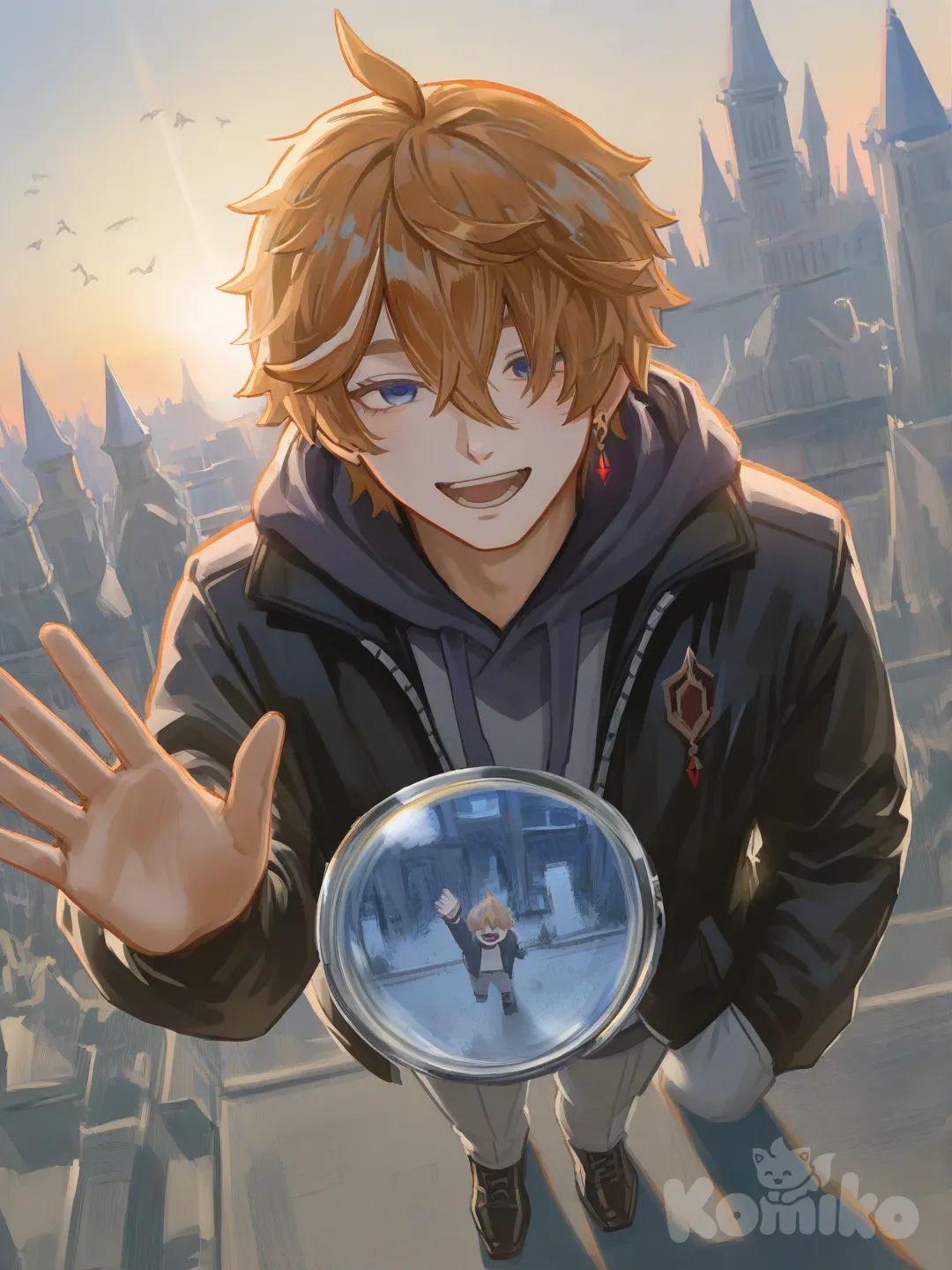 [radiant-coating-style], waving, hoodie, varsity jacket, bird's-eye view, panoramic lens, castle, @Tartaglia_(Genshin_Impact)