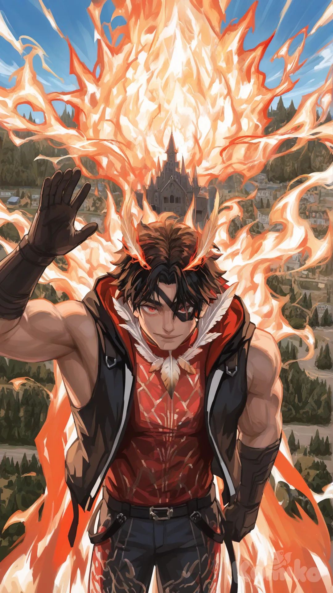 1boy,cap,eyepath , black gloves, two-tone hair, black hair, fire hire, jacket,Brown bird feather collar, white red, sleeveless shirt, biceps, fire pattern shirt, and, red eye, hooded jacket, white fire pattern pants, [radiant-coating-style], waving, eye patch, bird's-eye view, castle, park, blue sky
